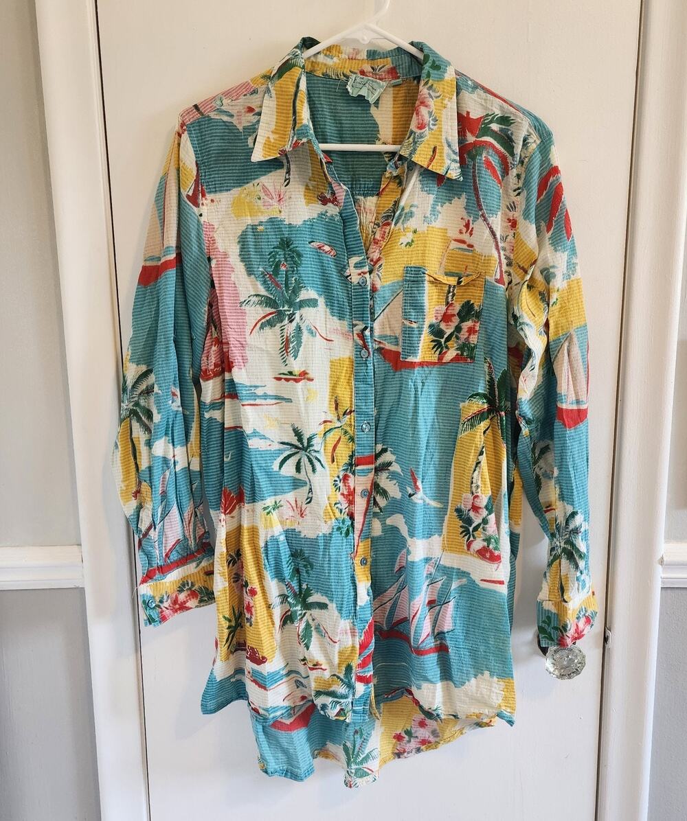 True Destinations Resortwear Large Tropical Shirt Palm Button Up Cotton Beach